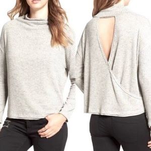 ASTR mock neck cross cross open back ribbed sweater